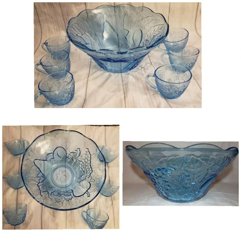 Vintage Bali Fruit Garden Blue punch bowl with 6 glasses
